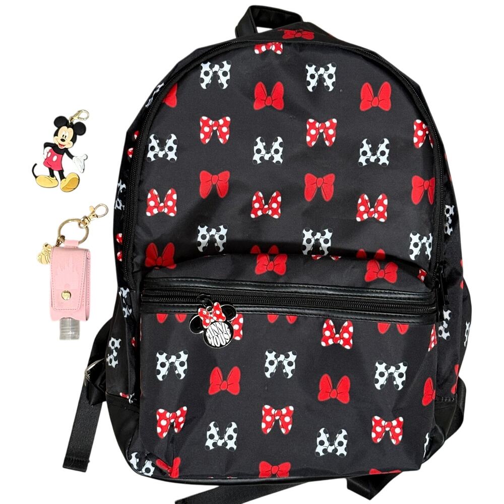 Disney Parks Minnie Mouse Bows Black Backpack Mickey Fob & Princess Sanitizer
